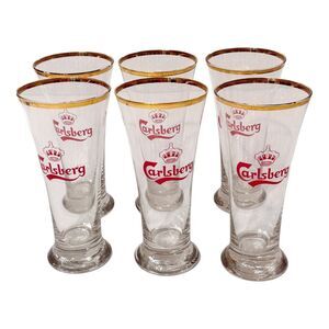 x6 Vtg Carlsberg Crown Beer Bar Glasses Gold Rim Pilsner Flute Red Logo 7" Tall